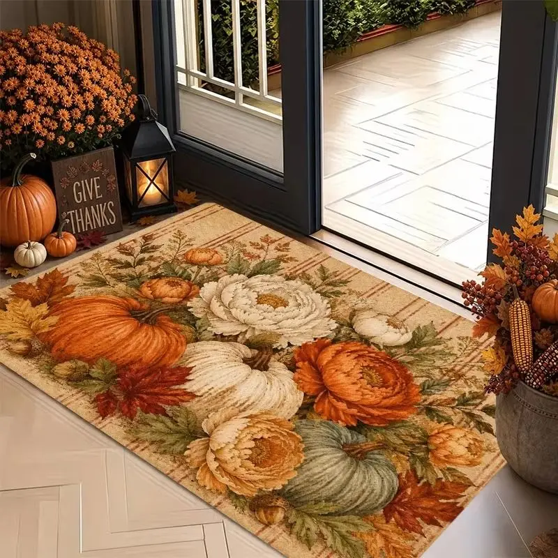 VIKAMA Watercolor Pumpkin and Flower Doormat—Atmospheric Entryway and Hallway Mat, Non-Slip, Easy to Clean, Home Decor
