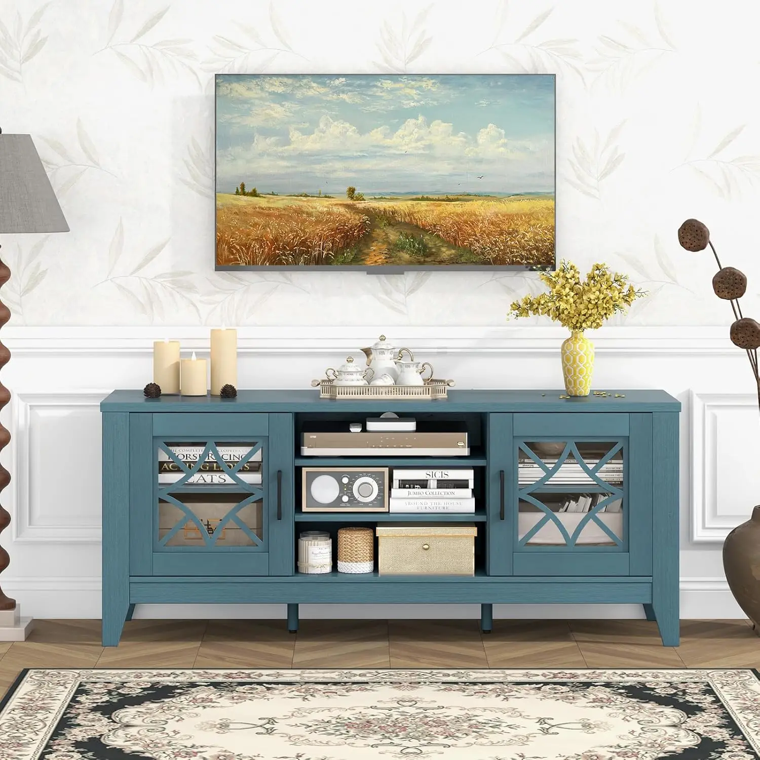 TV Stand Entertainment Center Adjustable Shelves Glass Door Cable Holes Farmhouse Storage Cabinet Living Room, Customized