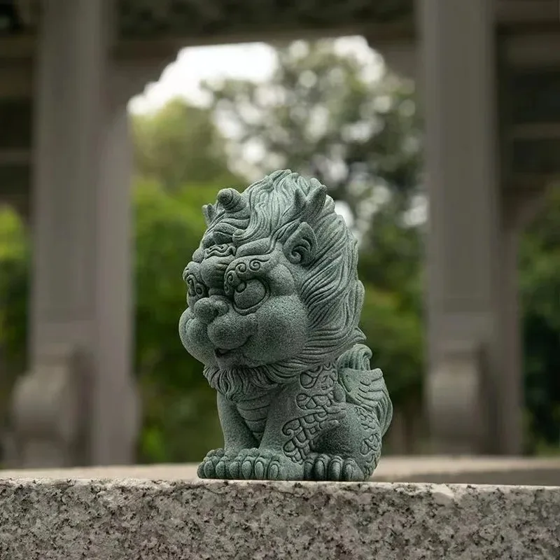 Chinese Feng Shui Decorations, Lucky Kirin Statuette, Green Sand Stone, Art Sculpture, Home Room, Office, Aquarium Housewarming