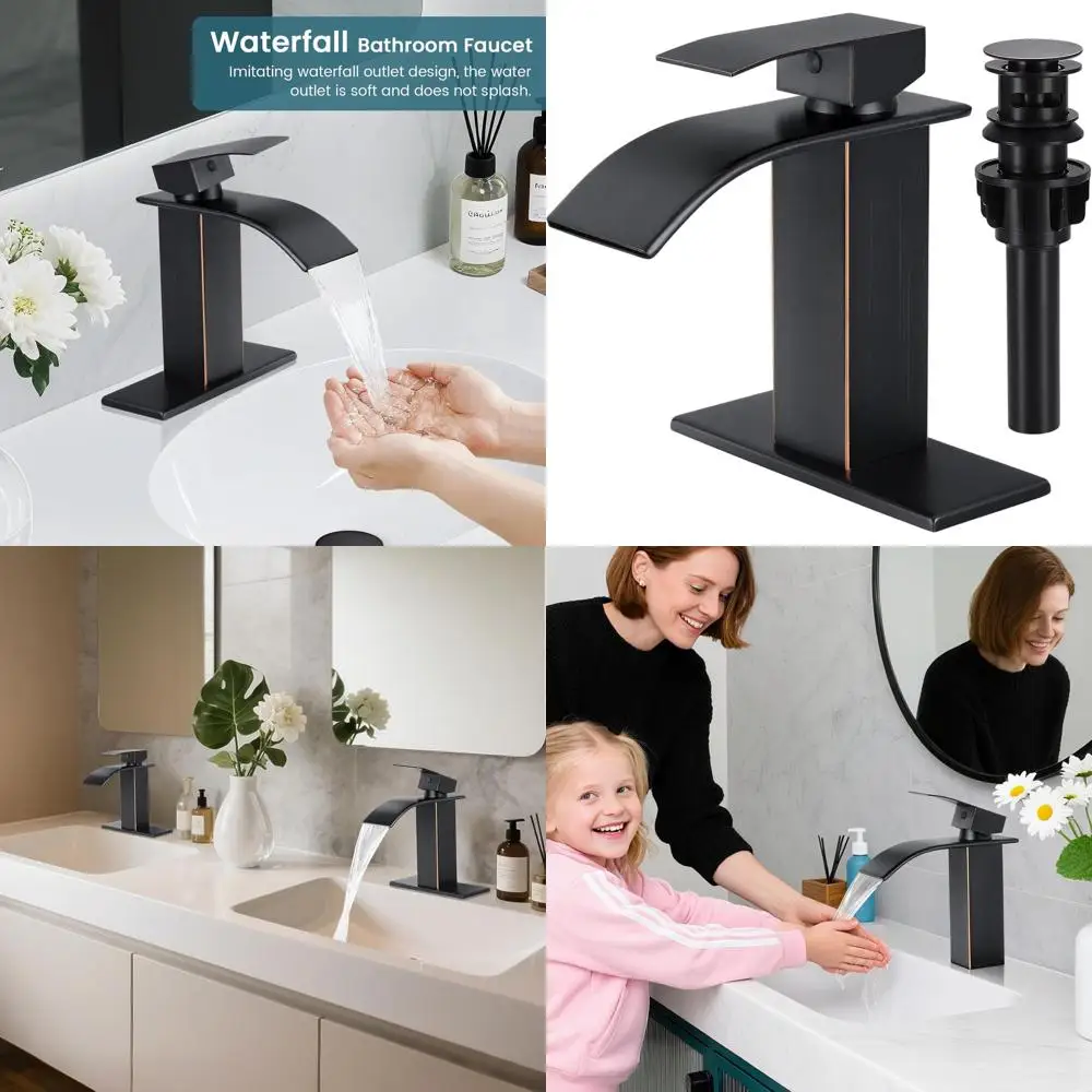 

Modern Oil Rubbed Bronze Waterfall Single Handle Bathroom Sink Faucet with Pop-up Drain and Hoses for 1 or 3 Hole Installation