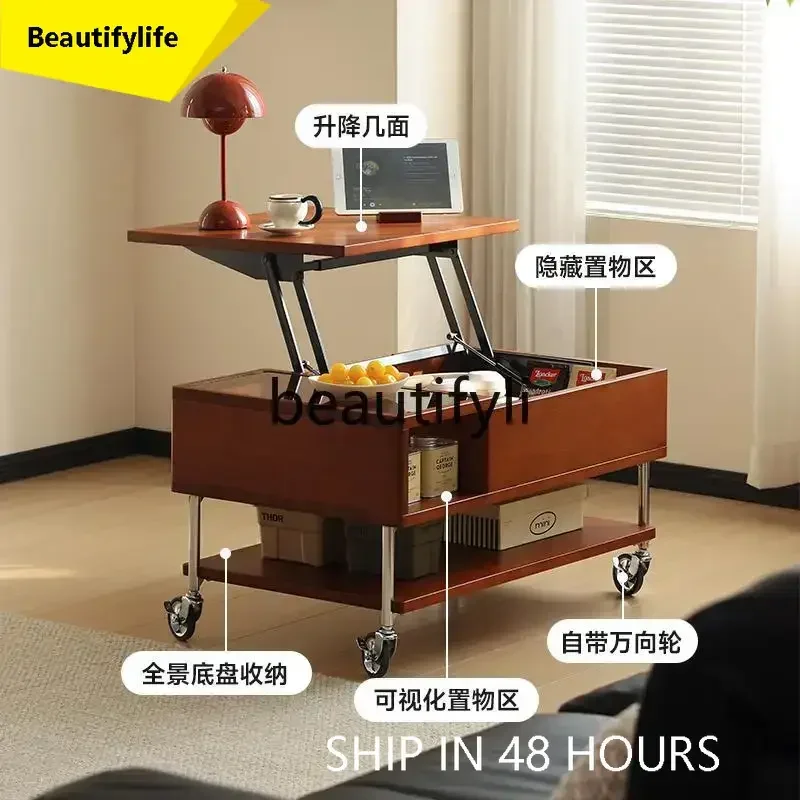 X188 Nordic retro solid wood lifting coffee table removable side cart storage tea table