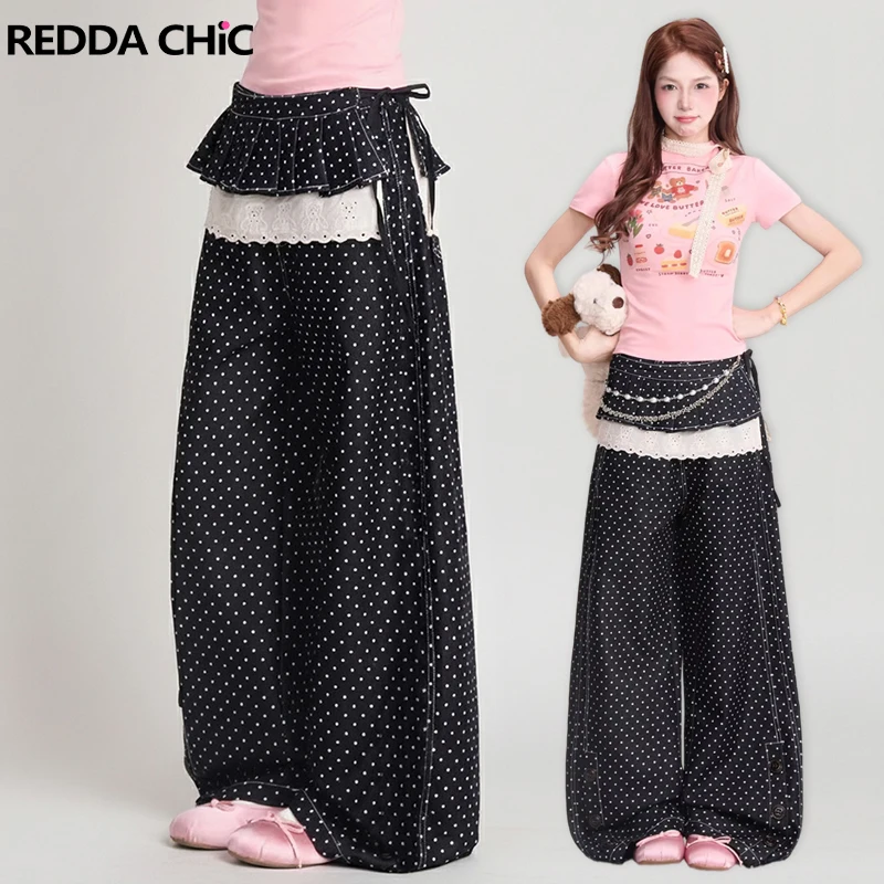 REDDACHiC Polka Dots Black Jeans for Women Trendy Two-Way Pleat Skirt Layering Lace Trim Baggy Denim Pants Grunge Acubi Fashion