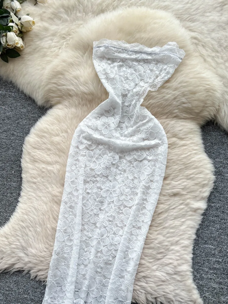 Foamlina Mujer Verano 2025 Vestido de encaje transparente sin mangas Vestido largo ajustado con recortes sexy Ropa de fiesta elegante