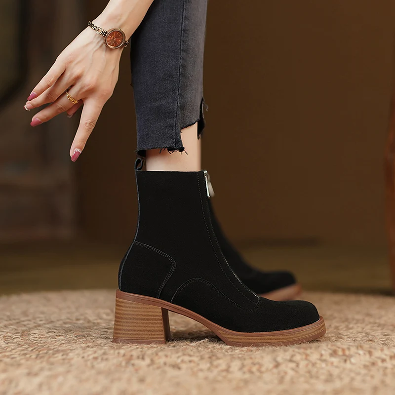 Autumn Winter Zipper Women Ankle Boots Office Ladies Concise Thick Heels Pointed Toe Shoes Woman Cow Suede Leather Short Boots