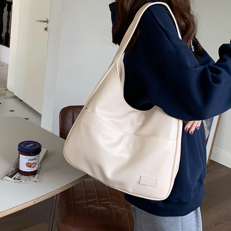 Vintage Large Capacity Women\'s Tote Handbags Solid Color Portability Ladies Shoulder Bags Fashion Soft Pu Leather Female Bag