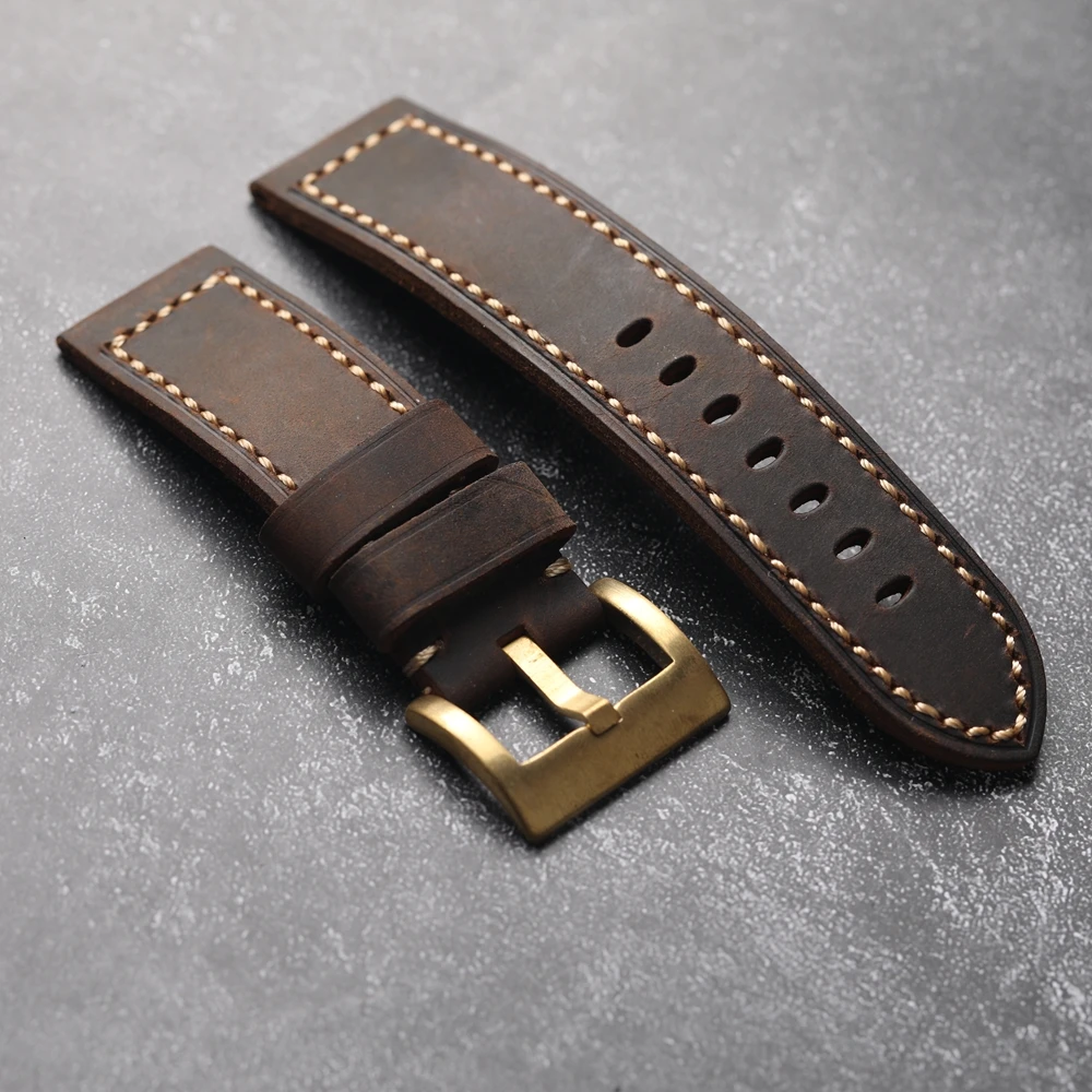 Handmade Crazy Horse Leather Genuine Leather Bracelet 20MM 22MM 24MM 26MM Thick Rugged Style Copper Buckle Men\'s Watch Strap