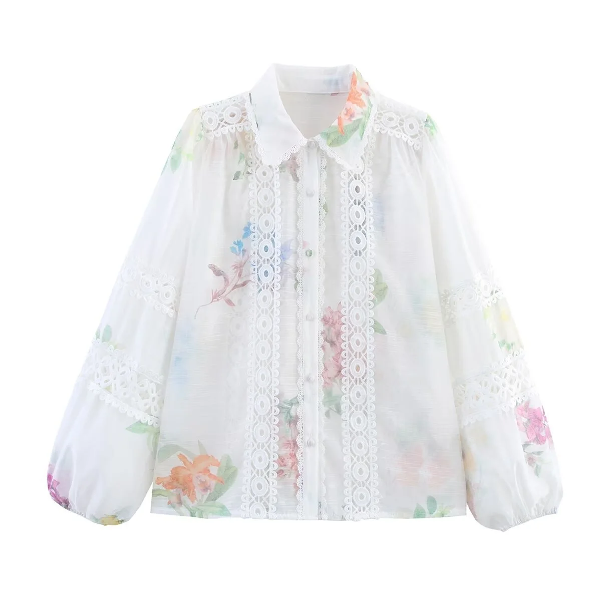 

BM&MD&ZA Women's Exquisite Elegant Retro Lapel Long - Sleeve Floral Printed Blouse with Embroidery and Hollow - Out Decoration