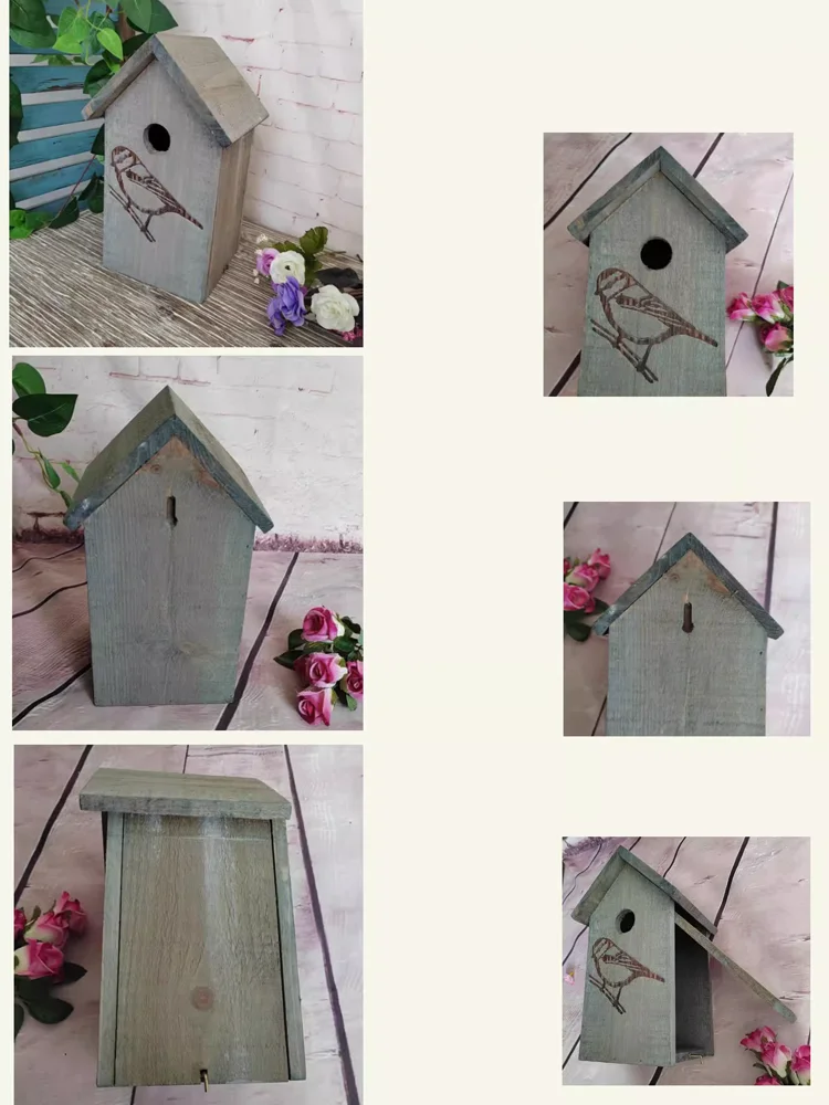 Charming Petite Wooden Birdhouse with Lifelike Bird Design and Gray Finish