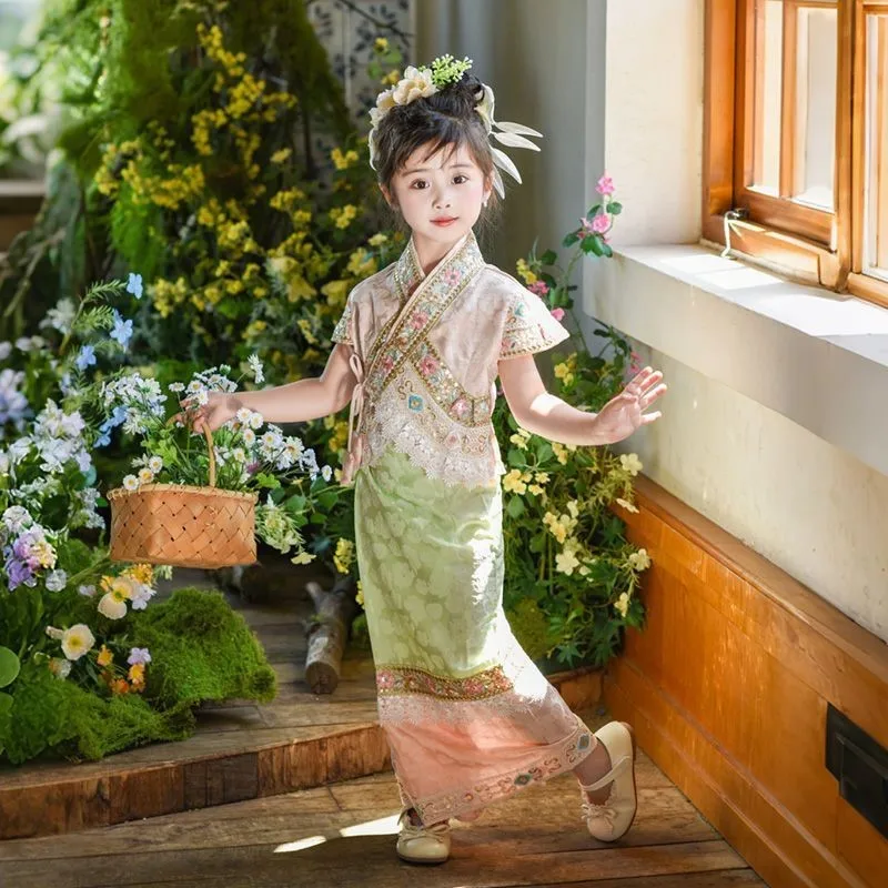 

Dai Girls' Performance Costume Children's Traditional Ethnic Thailand Clothing Set 2026 New Breathable Top Dress Clothing LI675