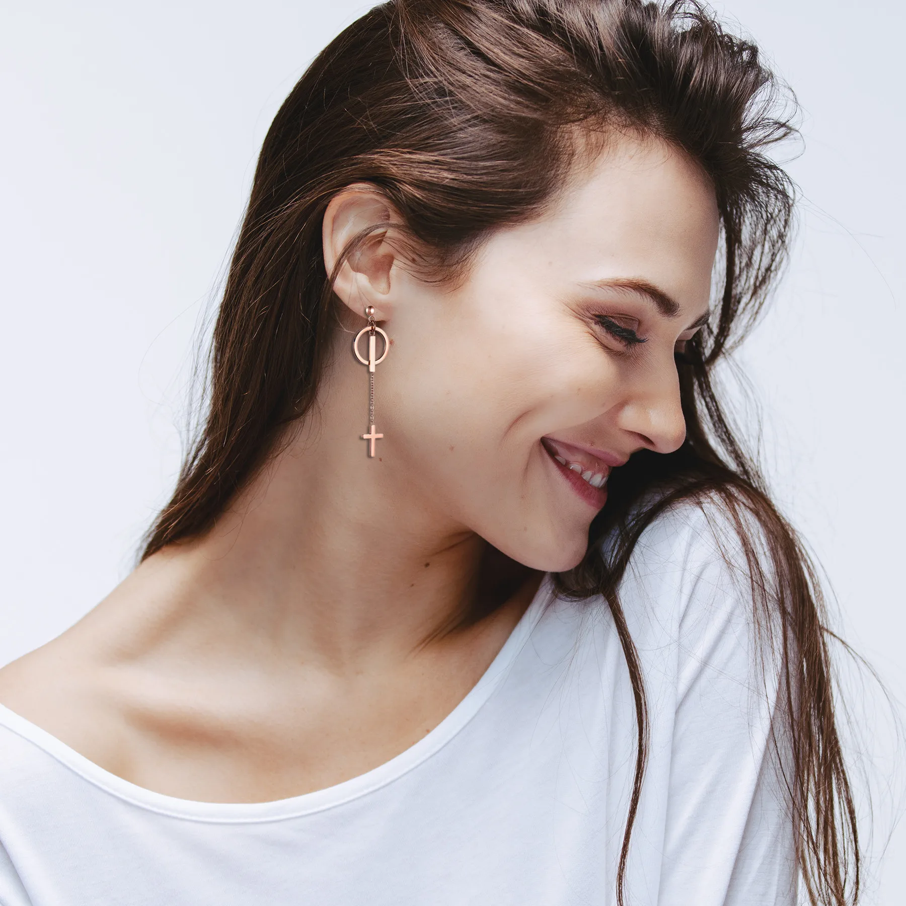 Boniskiss 2022 Unique Personality Stainless Steel Cross Circle Ladies Asymmetric Long Earrings Silver Color Jewelry Gift