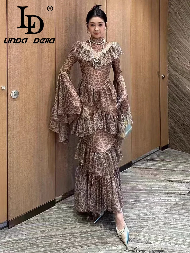 LD LINDA DELL Mangas trompete com estampa de leopardo e pregas em camadas, bordas de fungo preto, mangas compridas, vestido fashion slim fit