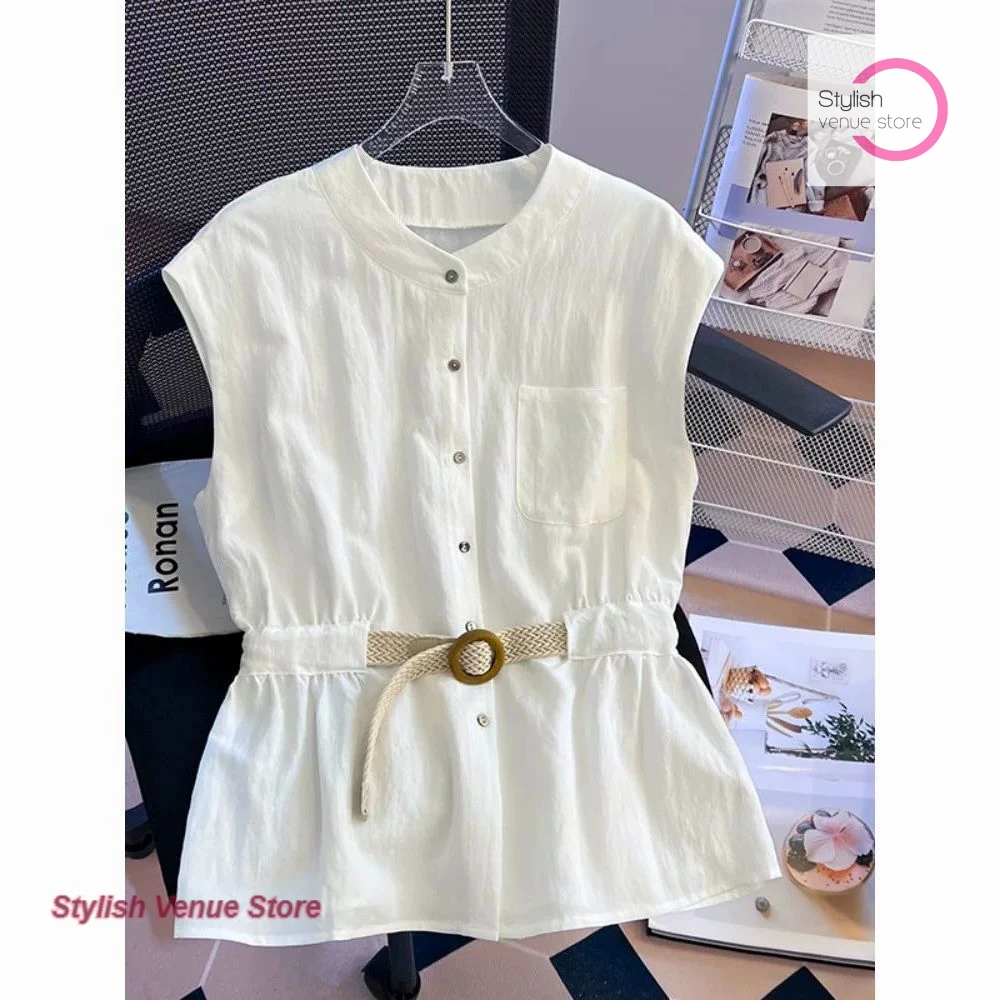 French stand-up collar tank top shirt women's summer new fashion niche with belt sleeveless cardigan chic sleeveless top