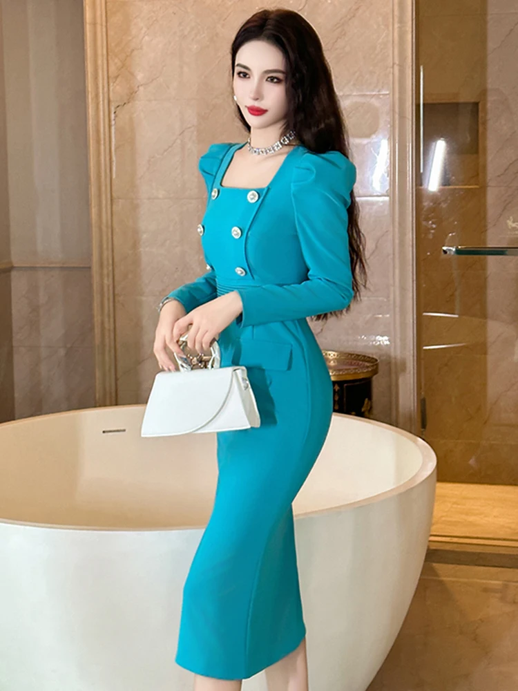 New Fashion Elegant Women\'s Blue Dress Commuter Professional Style Double Breasted High Waist Robe Business Office Lady Vestidos