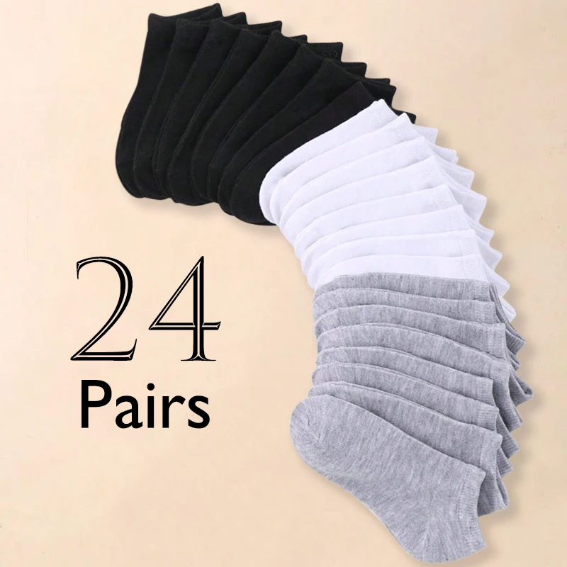 24 Pairs Black, White and Grey Basic-Color Kid's Socks, Casual Ankle Socks, Suitable for Boys and Girls for Spring and Summer