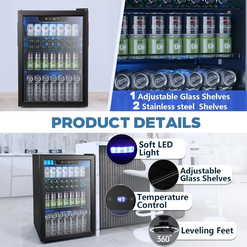 Joy Pebble Beverage Refrigerator Cooler 2.6 Cu.Ft, 95 Can Mini Fridge with Glass Door for Beer Drinks with Adjustable Thermostat