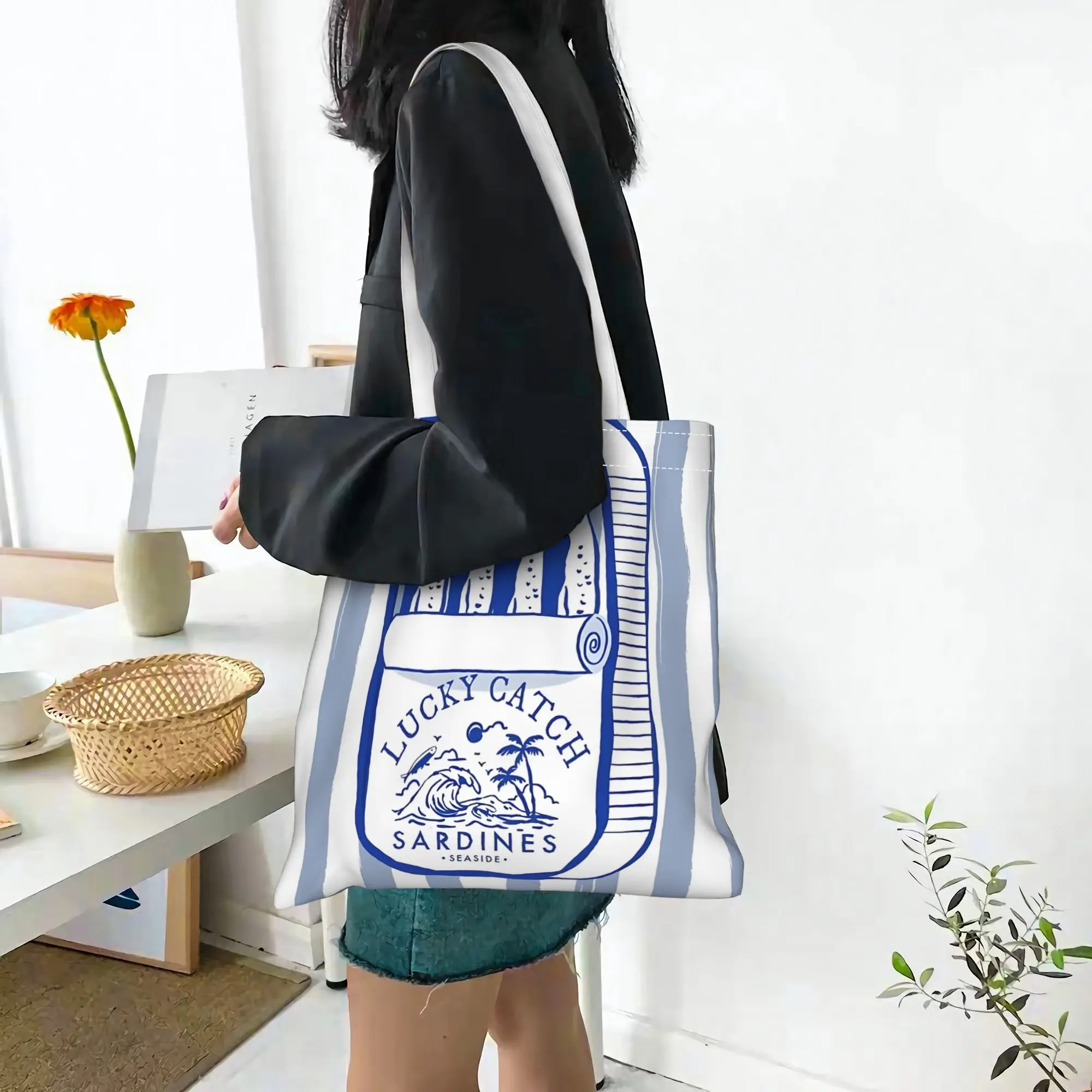 Tin of Sardines Blue White Food Fisherman Aesthetic Daily Tote Bag Cute Shopping Bag with Handle