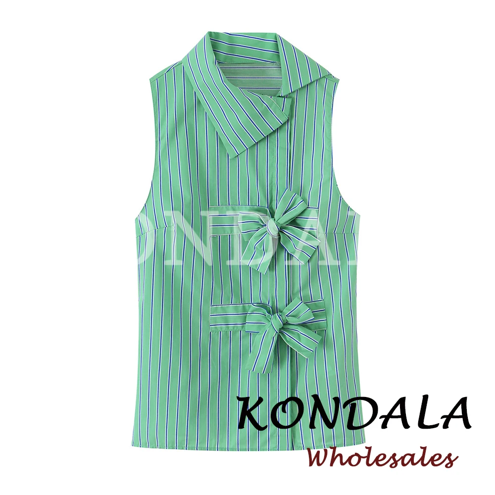 KONDALA Chic Striped Green Y2K Beach Women Summer Fashion 2026 Top Bows Tank Shirt Casual Streetwear Female Single Breasted Vest view 4