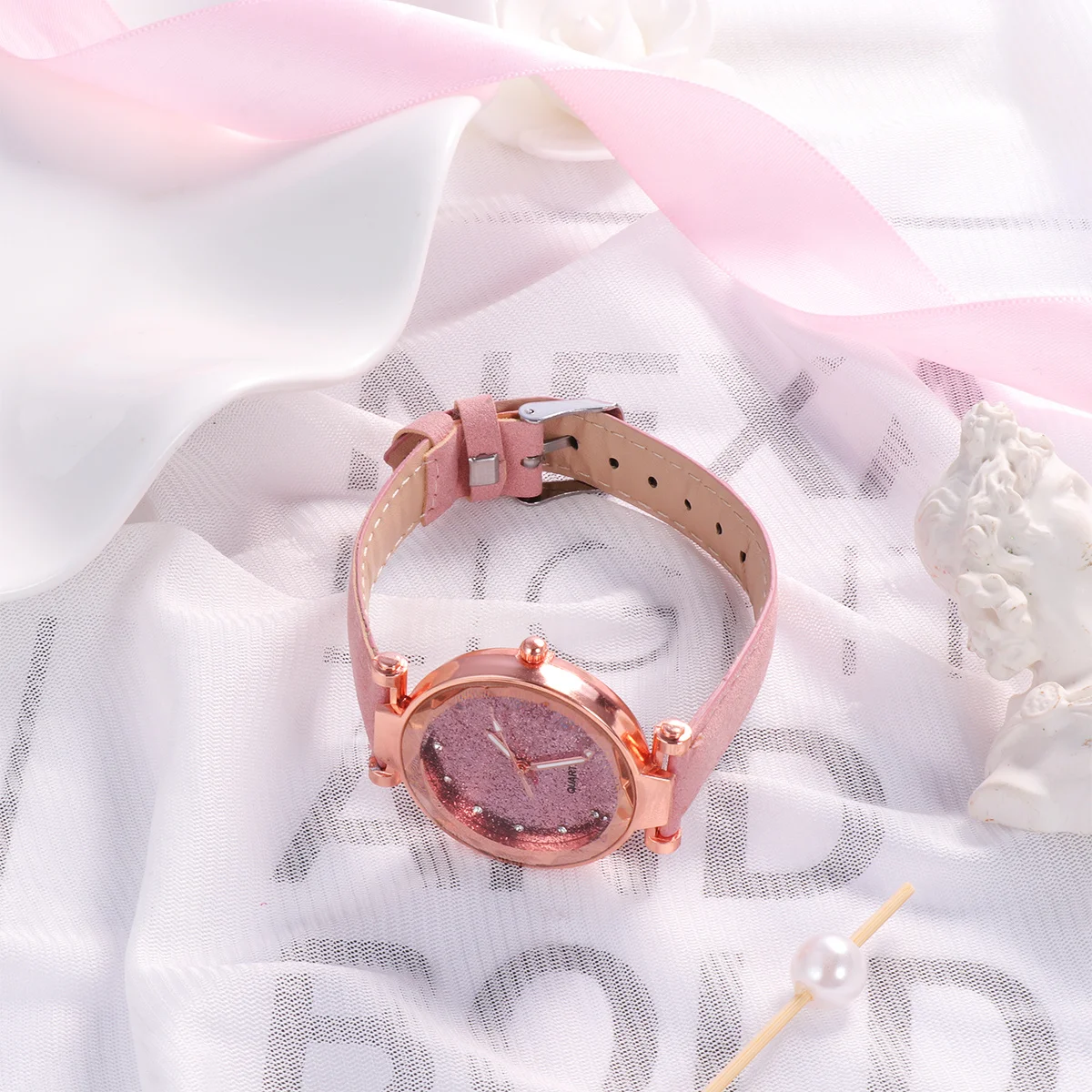 

2Pcs Women Quartz Watch Sky Glittering Fashion Wrist Watch Precise Time Durable Birthday Gift Pink Green