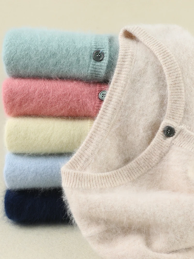 Women 100% Mink Cashmere Cardigan Super Warm Round Collar Sweaters Autumn Winer Female Clothes Solid Color Knitted Clothing Tops