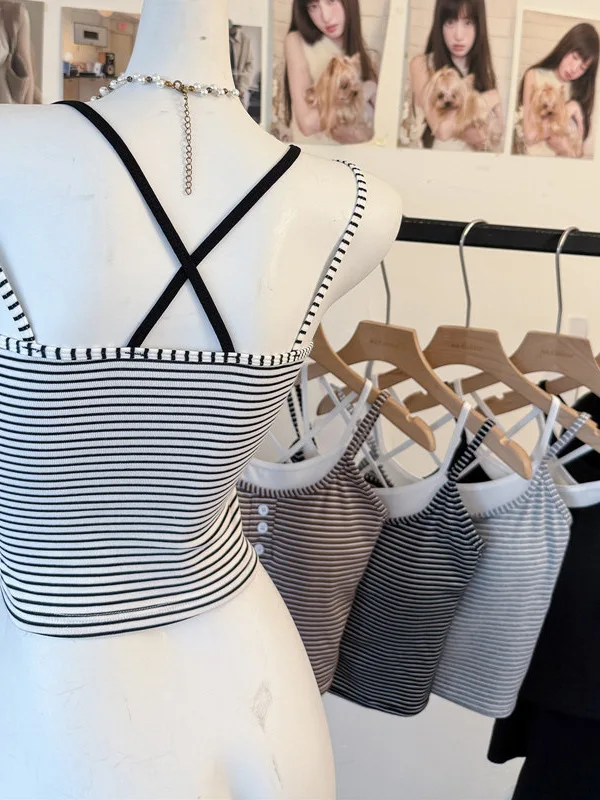 Tai an Li Women's Vest with Strap Chest Pad Breathable Slimming Backless Outerwear Fake Two-Piece Top round Neck Stripe Pattern
