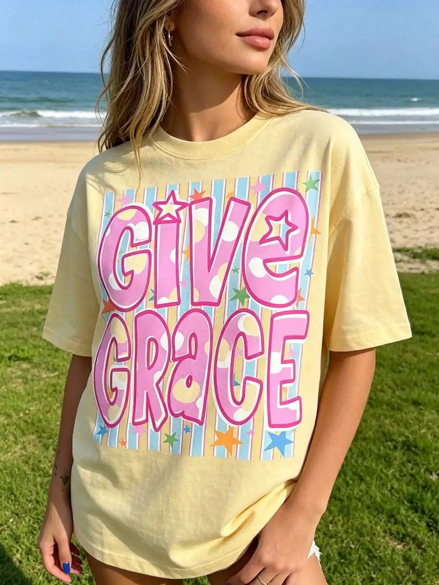 Women's Give Grace Retro Faith Blessing Quote Cute Star Pastel Stripes Print Loose Fit Summer Casual Short Sleeve Crew Neck Graphic T‑Shirt Tee Top