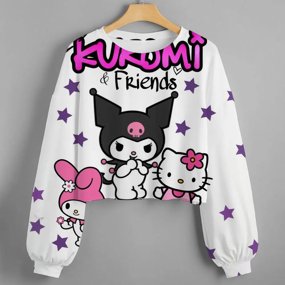 هوديي نسائي عصري مع قطع طباعة Hello Kitty/Kurumi مخصصة، بلوزة قصيرة جدًا بأكمام طويلة، ص جديد للأطفال في الخريف