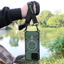 Crossbody Rope Camera Sliding Window Protection Phone Case for IPhone 16 15 Plus 14 13 Pro Max Magnetic Stand Shockproof Cover