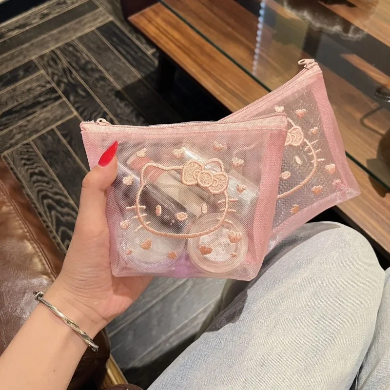 Hello Kitty Makeup bag Mesh Cosmetic bag Embroidered Makeup organizer Small Coin purse Lipstick Storage Pouch