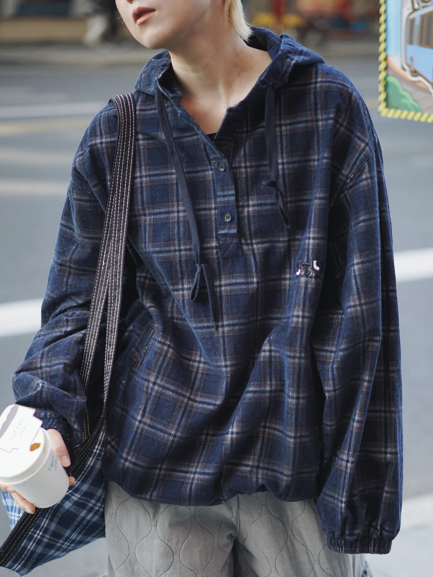 

STILLYOU Retro ex k Blue Contrast Color Plaid Hooded Long Sve irt f Open Front Cotton Velvet Women's irt