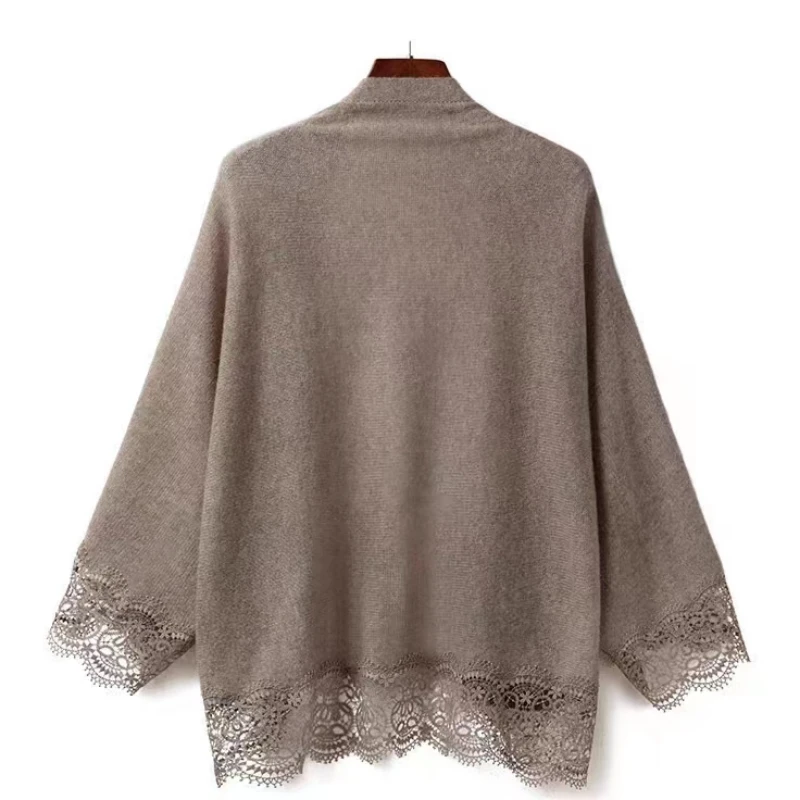 Fashion 100% Merino Wool Women Thin Cardigan Lace Shawl Soft Cashmere Knitwear Solid Color Scarf Korean Style Sweater Grace Top