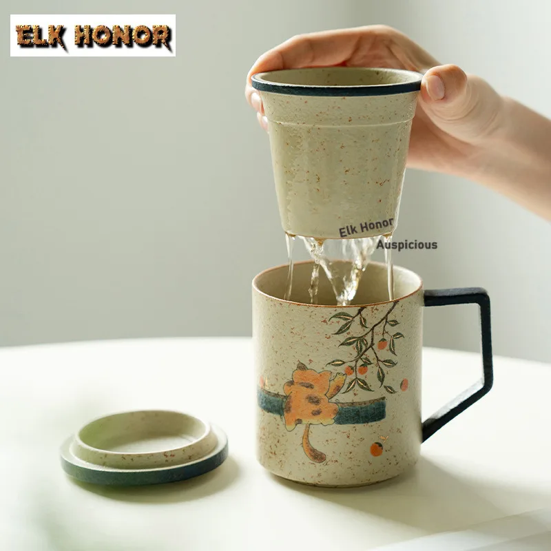 500ml Pure Hand-painted Orange Cat Firestone Red Filter Tea Separator Cup Tea Mug With Infuser Tea Brewing Office Water Cup Gift