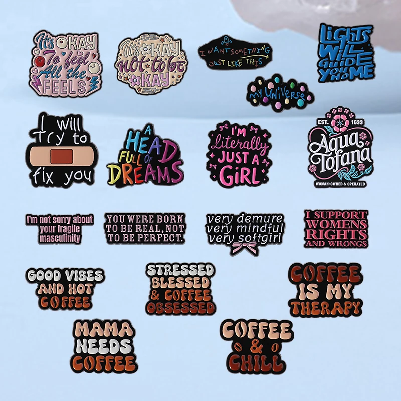 

Brilliant Colored Text Copy Enamel Pin Interesting Copywriting Coffee Motivational Copy Metal Brooches Lapel Badge Jewelry Gift