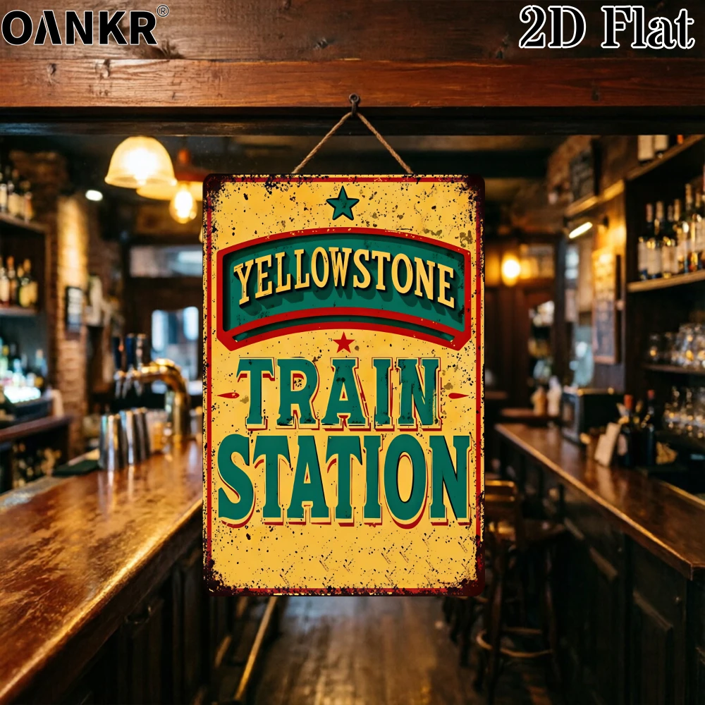 Vintage Iron Sign 1Pc Garage Art Poster Decorative Metal Tin Sign, Simple Yellowstone Train Station Sign, Fun Retro Metal Tin Painting, Suitable for Yard, Coffee Bar, Home Wall Decoration Plaque, Ideal Gift 12x8inch ,2D Flat Tin Sign