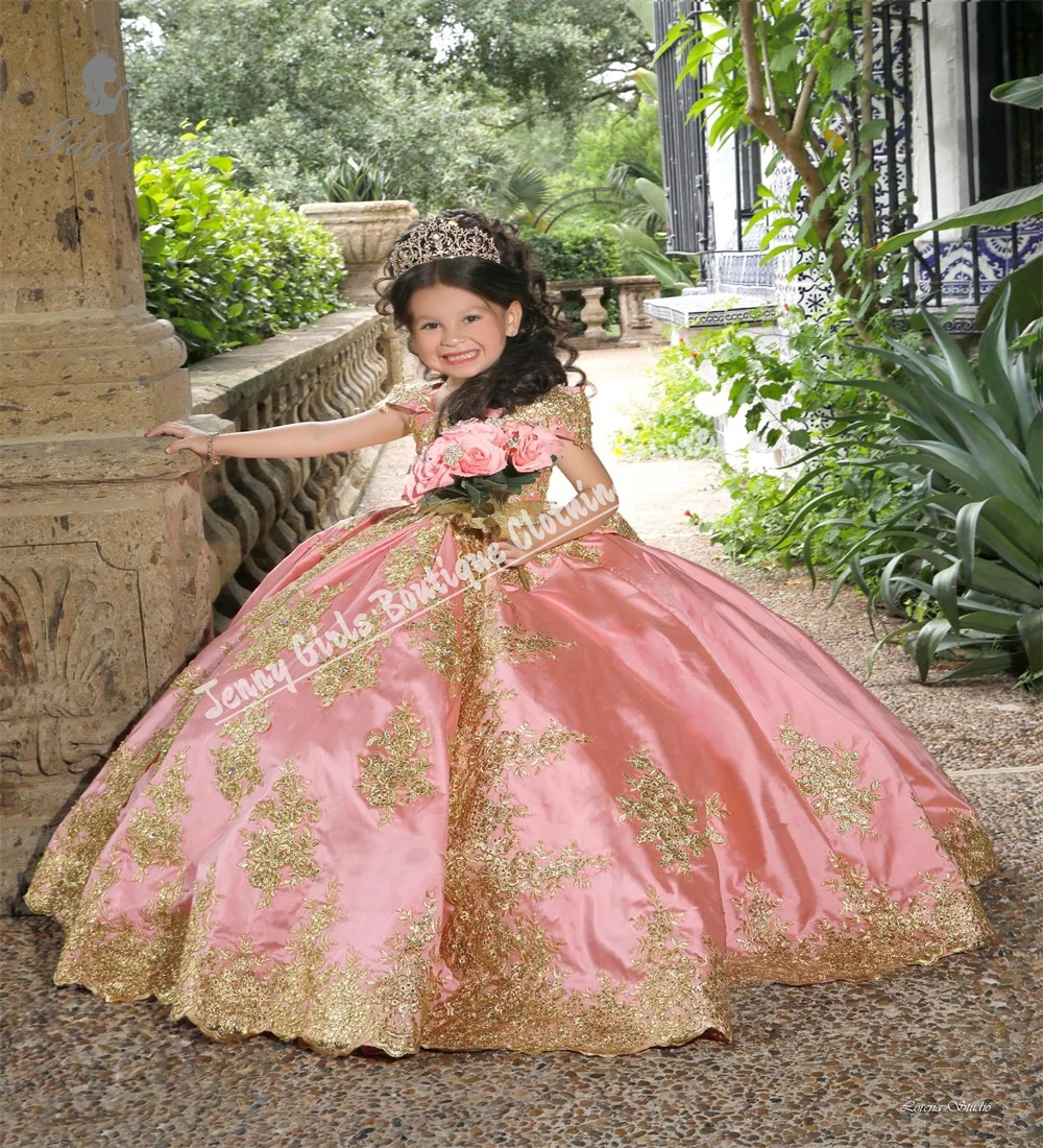 Satin Gold Lace Appliqué Elegant Flower Girl Dress Fluffy With Bow Suitable For Birthday Prom Party Custom Photography Shoot