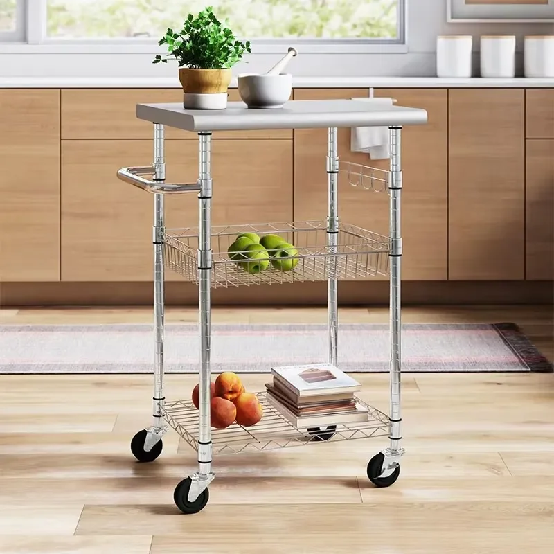 3 Tier Mobile Kitchen Cart Stainless Steel Prep Table with Hooks Adjustable Wire Utility Shelf for Food Service Truck