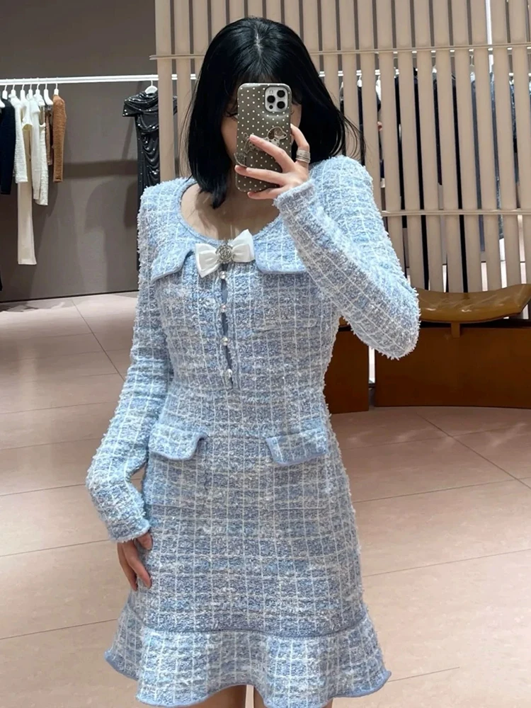 

Bow plaid fishtail knit dress temperament elegant blue round neck long sleeve women's dress 2025 spring new