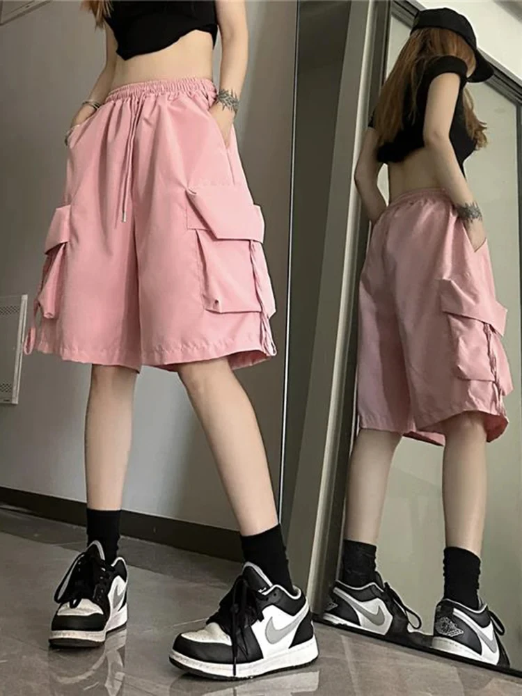 Y2K Summer Women Vintage Streetwear Korean Casual Shorts High Waist Knee Length Wide Leg Baggy Cargo Pockets Short Pants Clothes