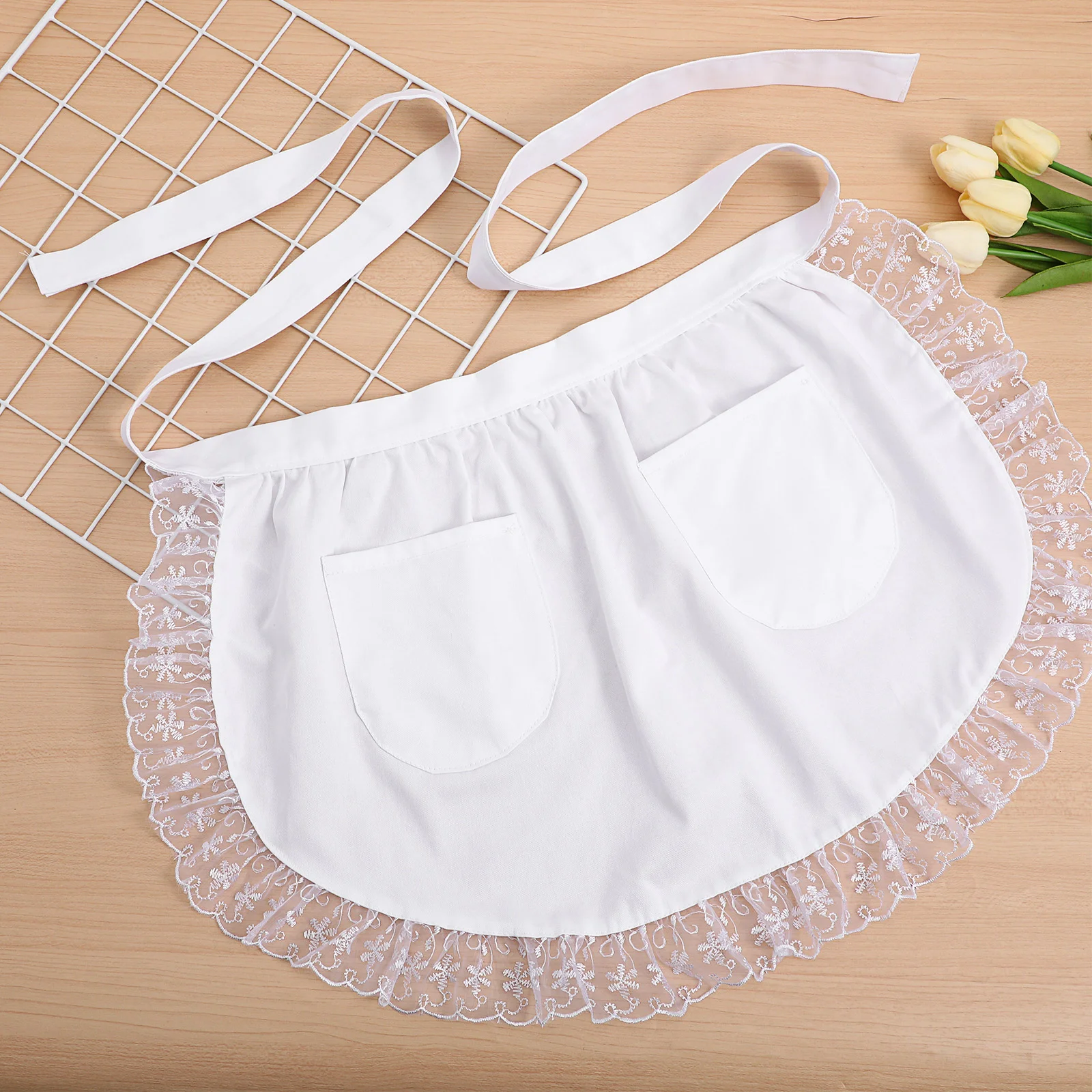 Apron with Pockets Maid Outfit Cotton Waist Short White Dress Lace Server Duster