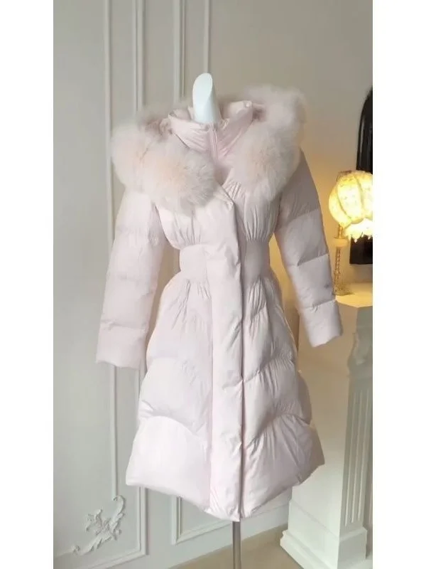 

Warm Thiened Mid-Length Hooded Jaet Women's Winter Coat Faux Fur Collar Slimming Waist Design Korean Sle Cotton Outerwear