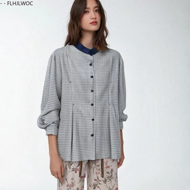 

Plaid Shirts Autumn Fall Long Sleeve Loose Clothes Woman FLHJLWOC Long Sleeve Casual Stand Collar Retro Vintage Blouses Tops