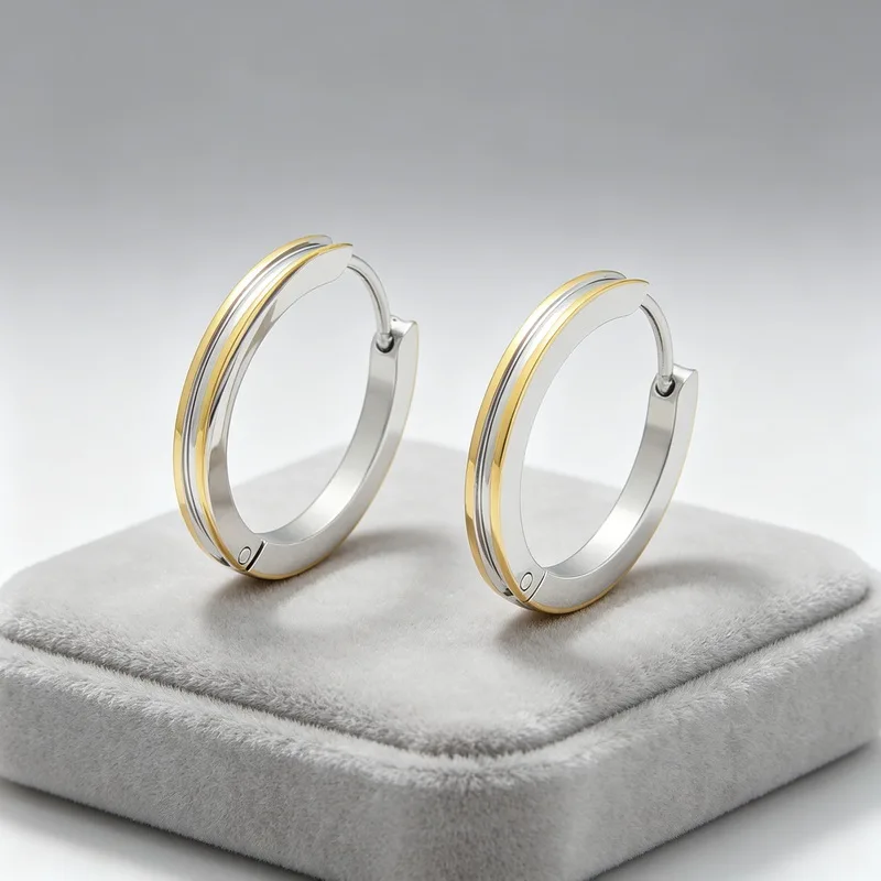 Kalen Minimalist Stainless Steel Two Tone Huggie Earrings Gold Silver Color Band Thin Accent Strip Click Hoops Fashion Jewelry