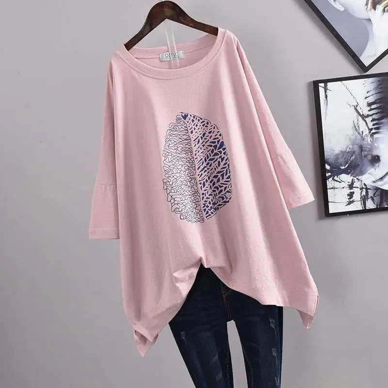 Summer New Printing Plus Size Tops Tees Round Neck Short Sleeve Loose Basic Pullovers Casual Fashion Women Clothing