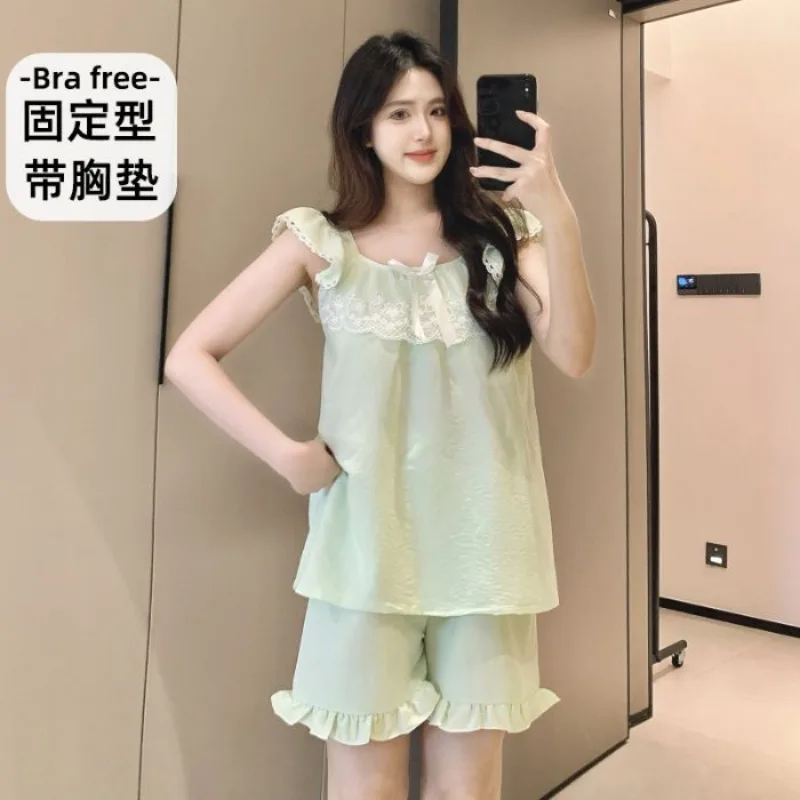 Большие размеры, пижамы во французском стиле принцессы, женская летняя домашняя одежда с летающими рукавами и накладкой на грудь, которую можно носить вне одежды для сна