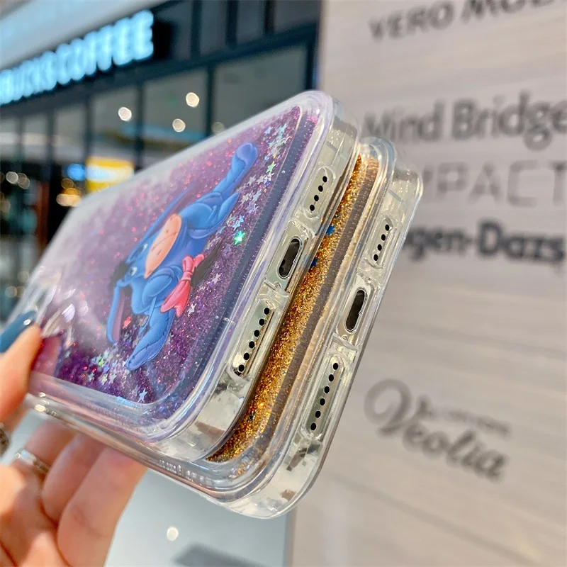Cartoon Disney Winnie the Pooh Liquid Quicksand Bling Glitter Phone Case For iPhone 17 16 15 14 13 12 11 XS X XR Plus Back Cover