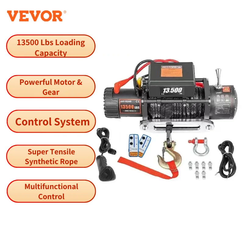 

VEVOR 13500 lb electric winch 12V heavy-duty off-road towing 6120 kg pulling force 92 feet tow rope suitable for rescue