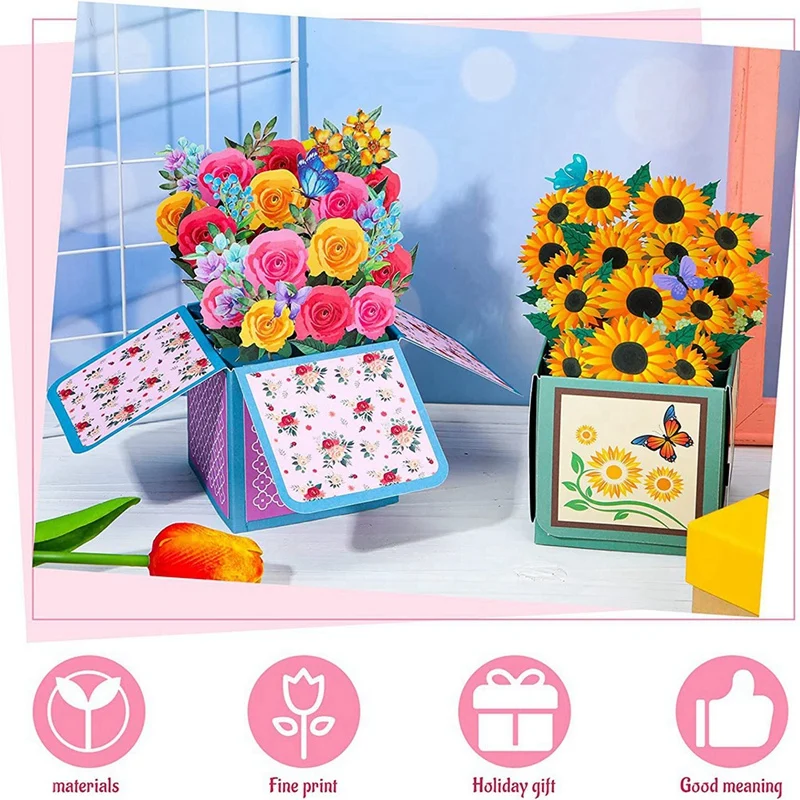 2 Pcs Sunflower Flower -Up Card For Mother's Day 3D Bouquet Envelope For Mothers Day Mom Gifts