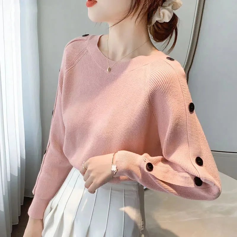 

Pink Knitting Sweaters Ladies Fashion Buttons Long Skeeve Sweater Pullover Y2K Streetwear Basic Jumpers Women