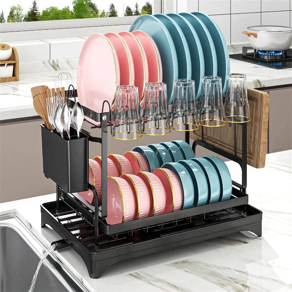 

Multipurpose 2-Tier Dish Drying Rack With Cups Rack Utensil Holder Cutting Board Tool Carrier Space-Saving Kitchen Dish Storage