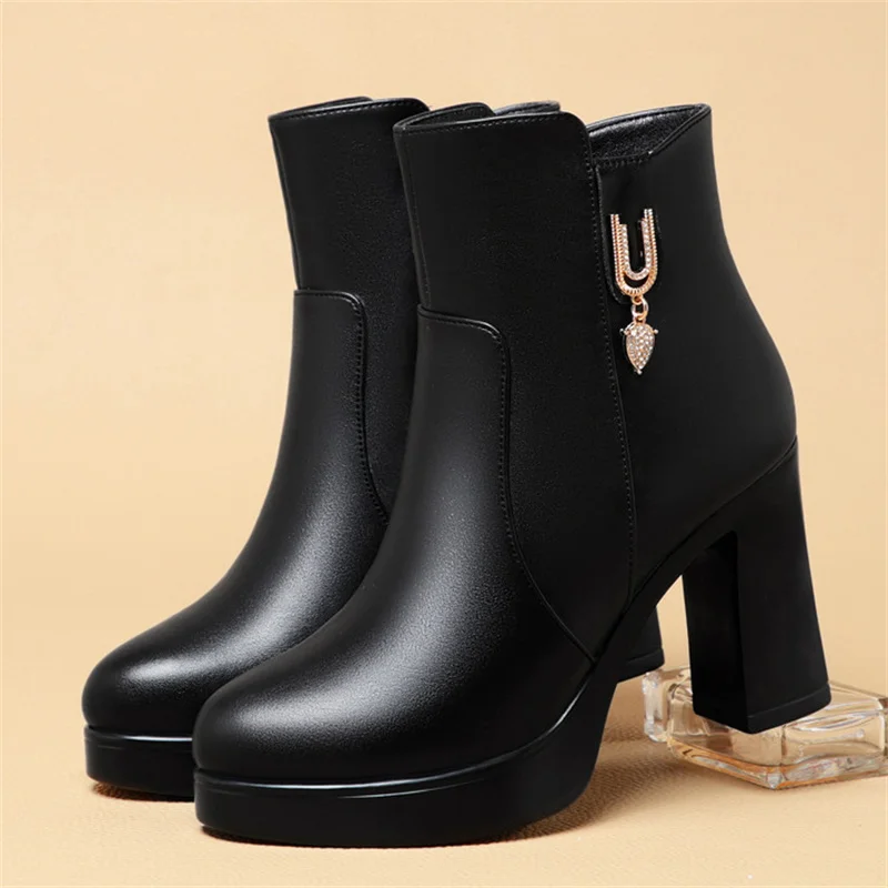 Thick heel Non-slip Plus Fleece Thick Sole Platform Shoes 2024 Winter Luxury Black Super High Heel Ankle Boots for Women