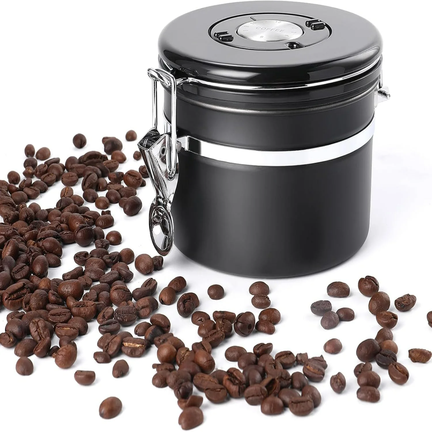 Airtight Stainless Steel Coffee Canister with Date Tracker Lid, 9oz Black Cylinder - Kitchen Food Storage